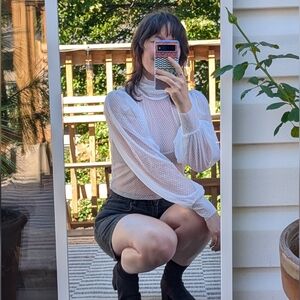 Eliza Faulkner | Dolly Mesh Top | White Dot | Sheer Bishop Sleeve Blouse |Size L